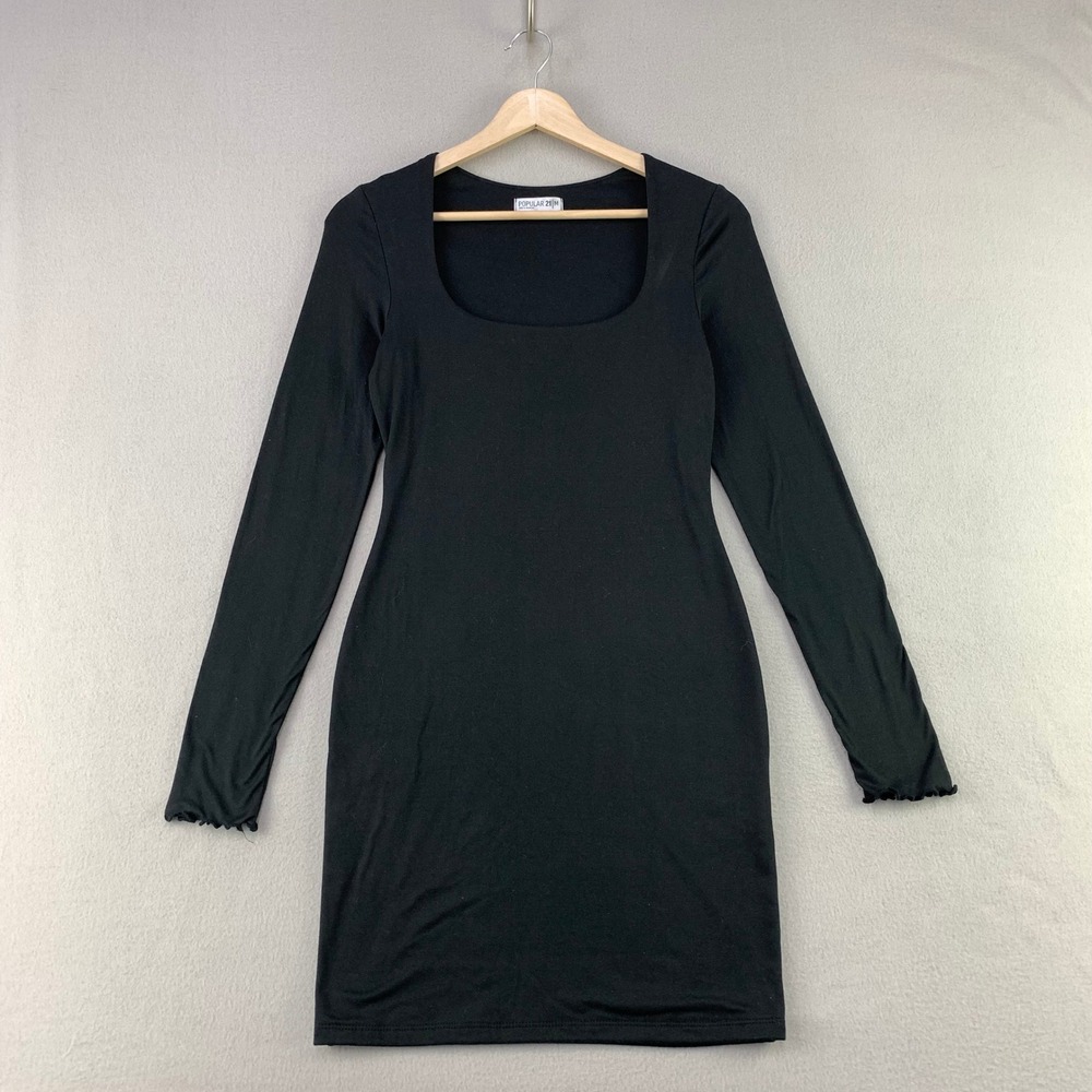 Popular 21 Square Neck Mini Dress Women M Black Bodycon Long Sleeve Lettuce Trim